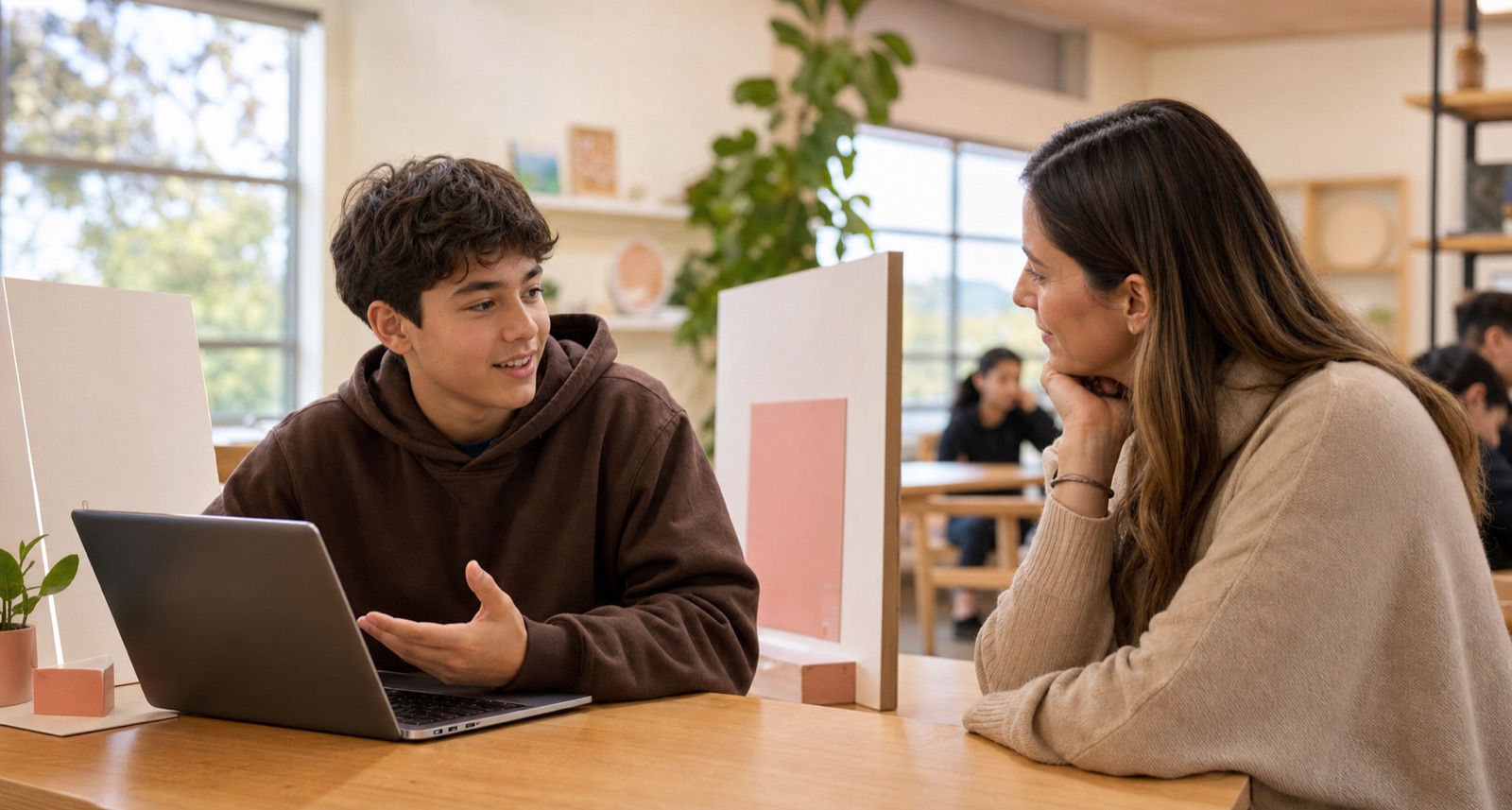 A student explaining a finished laptop project to a parent at a classroom showcase