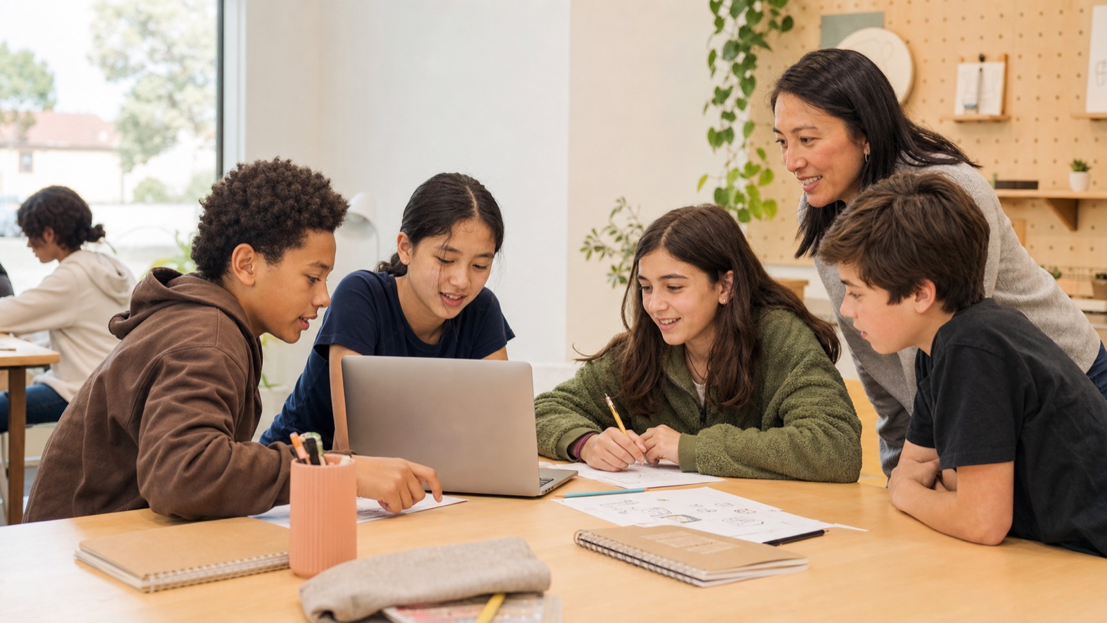 Middle-school students collaborating with an instructor around a laptop and project sketches